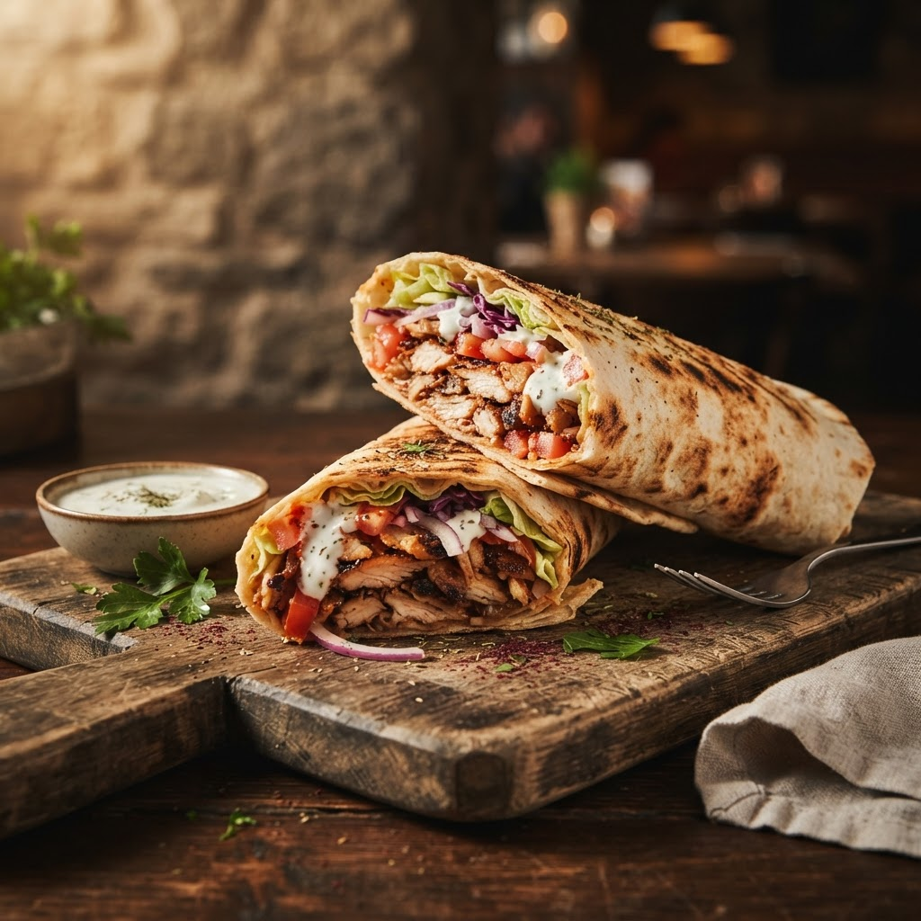 Kebap-Rollo aus dem Pizzaofen mit Salat und Soße