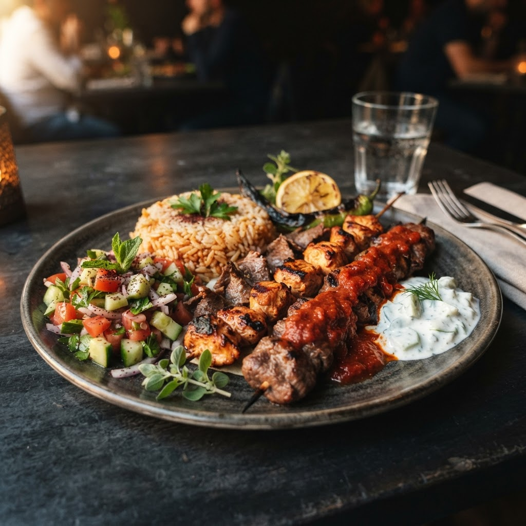 Kebap-Teller mit Pommes Frites oder Reis und Salat