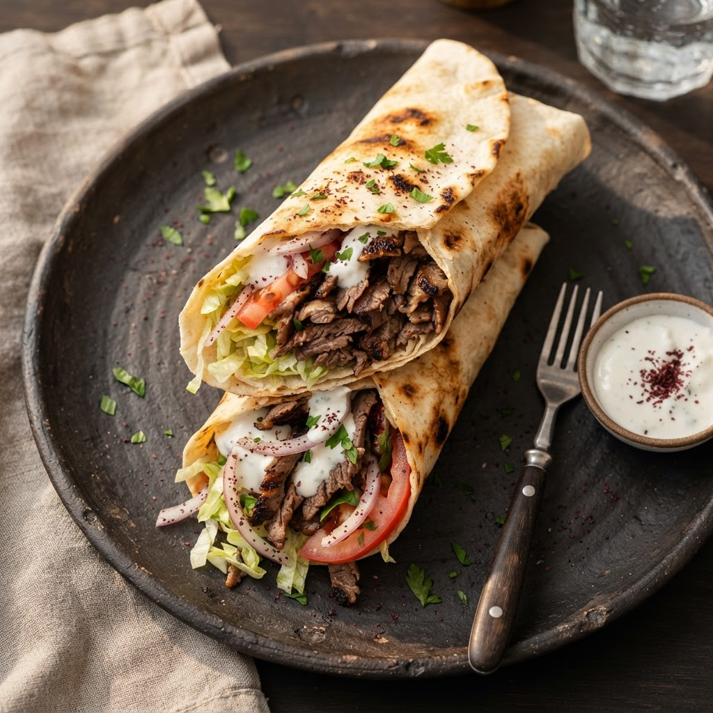 Klassischer Kebap im Fladenbrot mit Salat und Soße