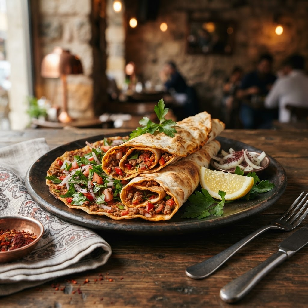 Lahmacun-Teller mit türkischem Lahmacun, Salat und Soße