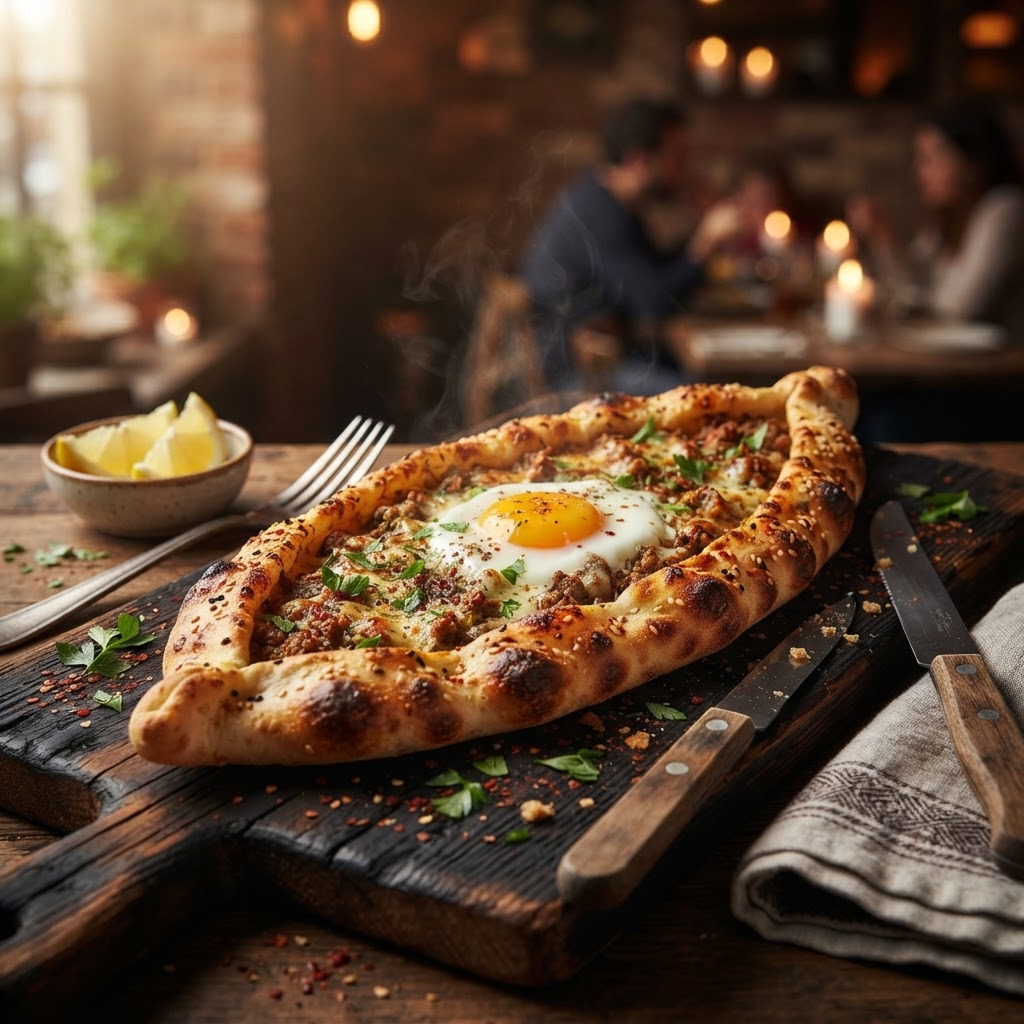 Pide mit Hackfleisch und Pizzakäse