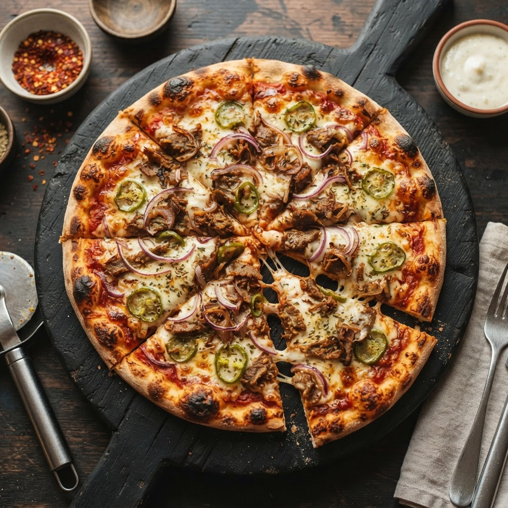 Pizza Kebap mit Kebapfleisch, Zwiebeln und Peperoni