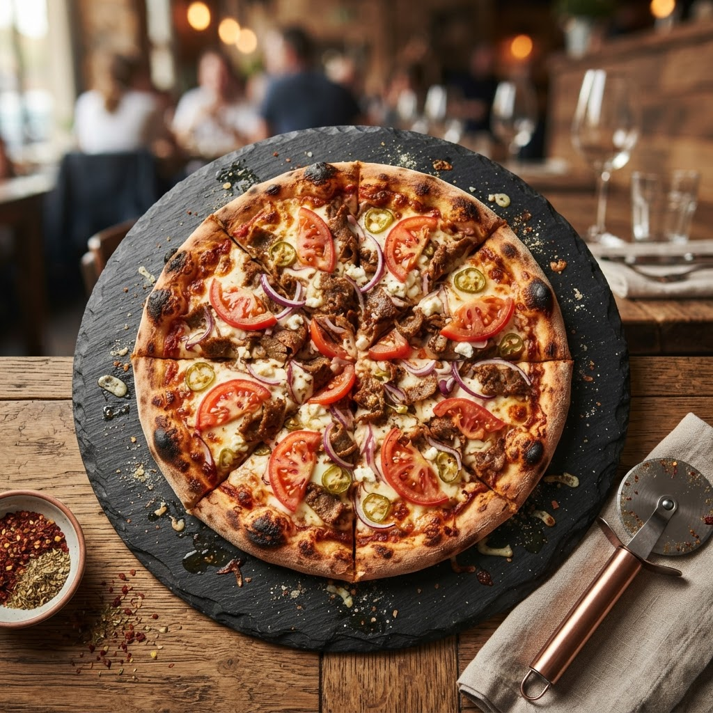 Pizza Oase mit Kebapfleisch, Zwiebeln und frischen Tomaten