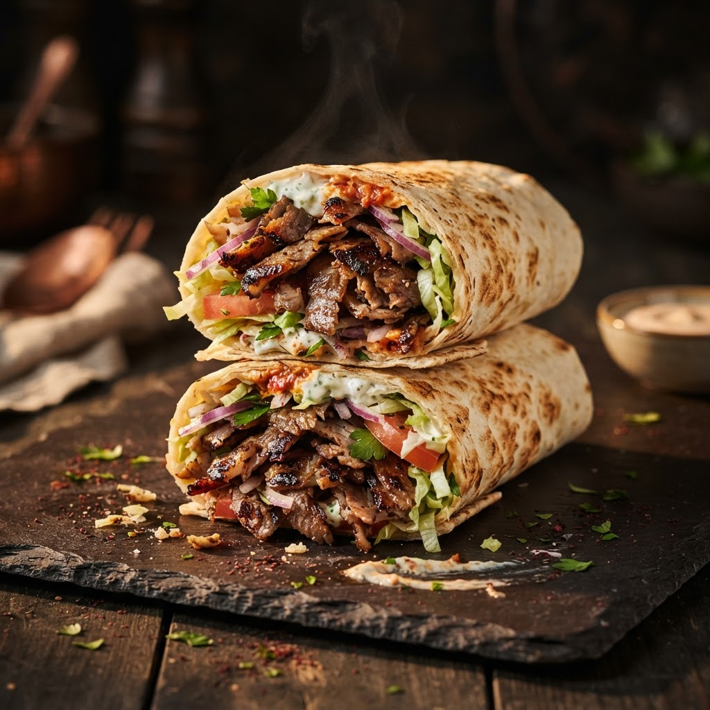 Frisch zubereiteter Döner Kebap mit gegrilltem Fleisch, Salat und Soße im Fladenbrot